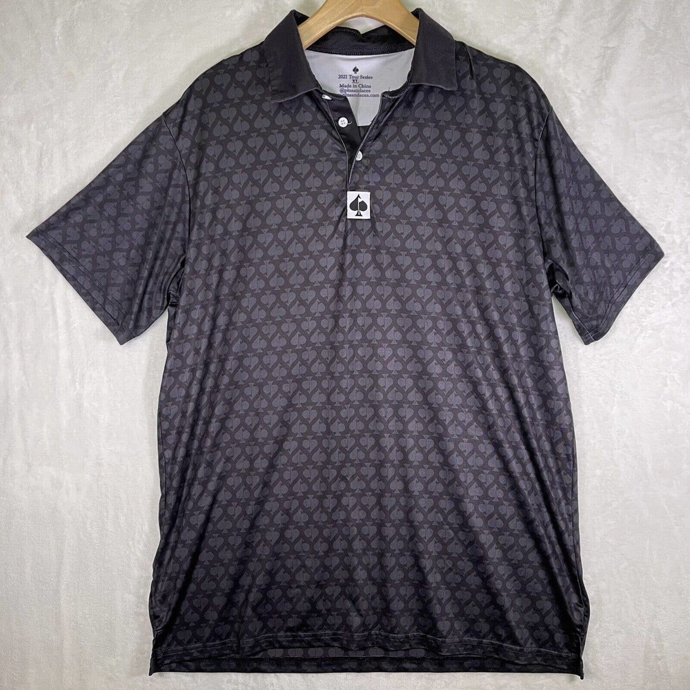 Pins and Aces Men's Golf Polo Short Sleeve Shirt Black Spade Print Size XL